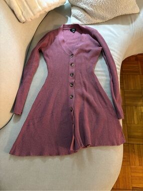 Lulu's Mauve Ribbed Button-Front Long Sleeve Knit Dress